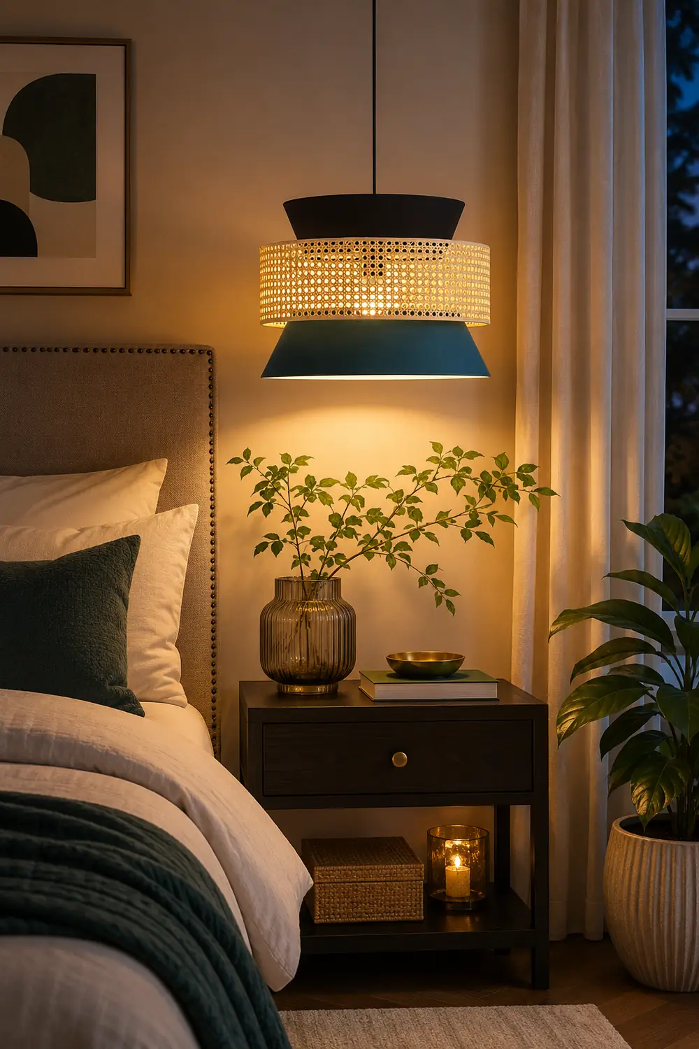 Ritta Retro Rattan/Fabbric Pendant Light, Dark Green - Lumpaz