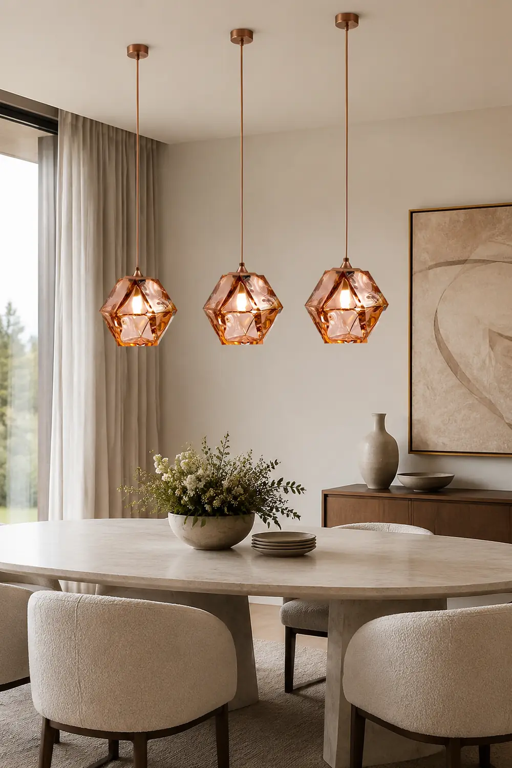 Hailie Modern Glass Multi Polygonal Pendant Light, White/Smoke Gray/Rose Gold - Lumpaz