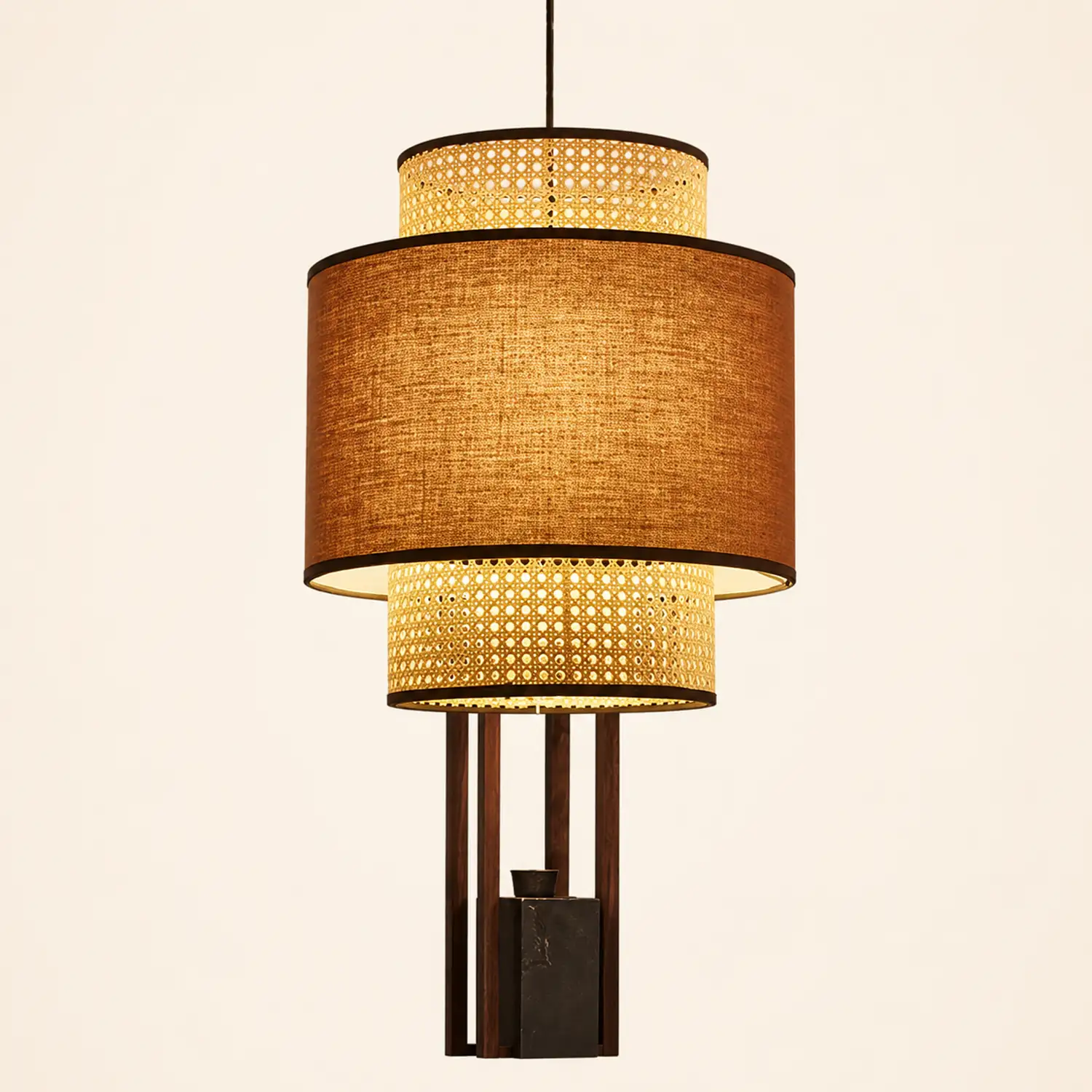 Ritta Retro Fabric and Rattan Pendant Light, Beige - Lumpaz