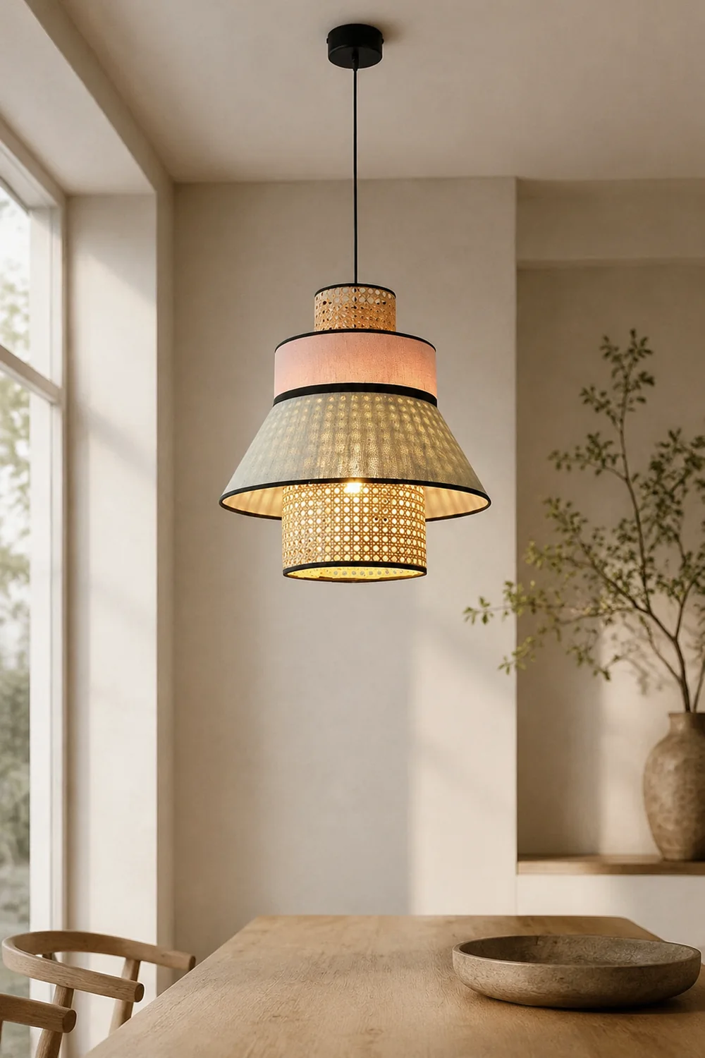 Ritta Farmhouse Fabric/Rattan Pendant Light, 2 Style - Lumpaz