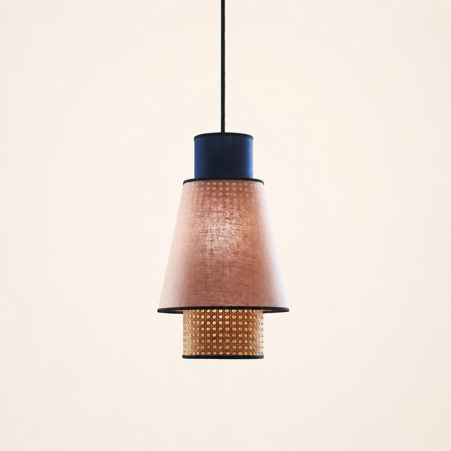 Ritta Cylindrical Fabric/Rattan Pendant Light, Pink/Royal Blue - Lumpaz