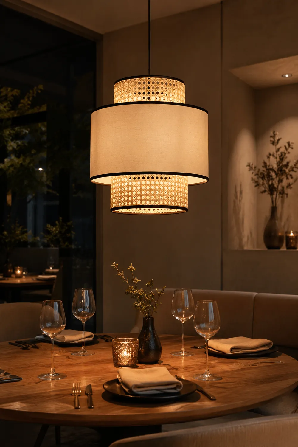 Ritta Retro Fabric and Rattan Pendant Light, Beige - Lumpaz