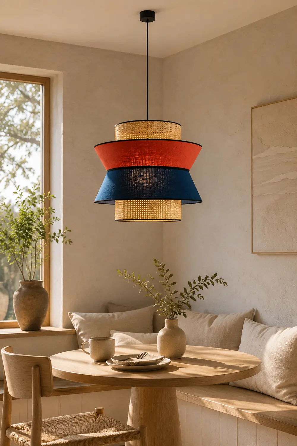 Ritta Fabric and Rattan Pendant Light, Orange/Dark Blue - Lumpaz