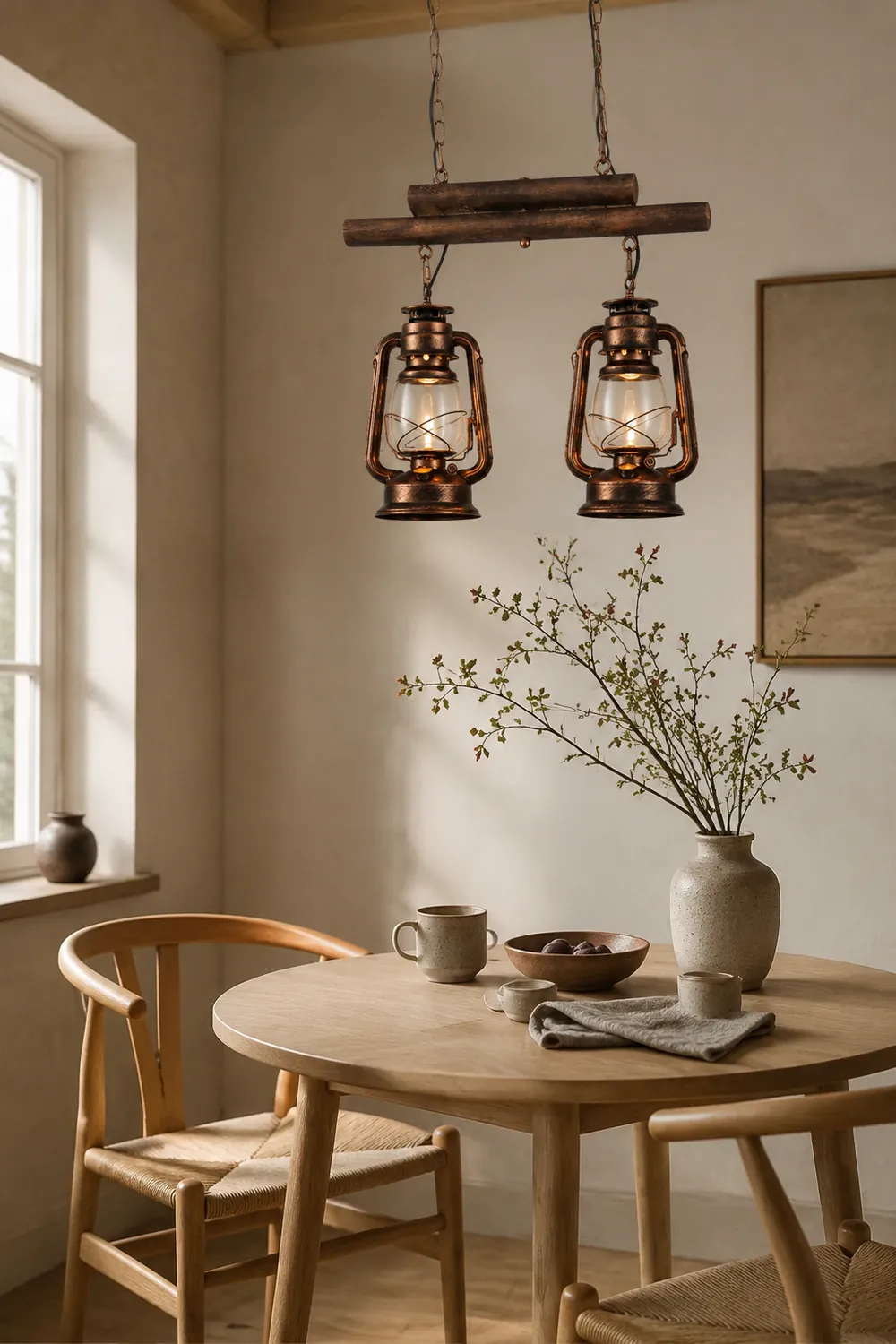 Alessio Rustic Vintage Lantern Pendant Light, Metal & Glass, 2 Heads - Lumpaz