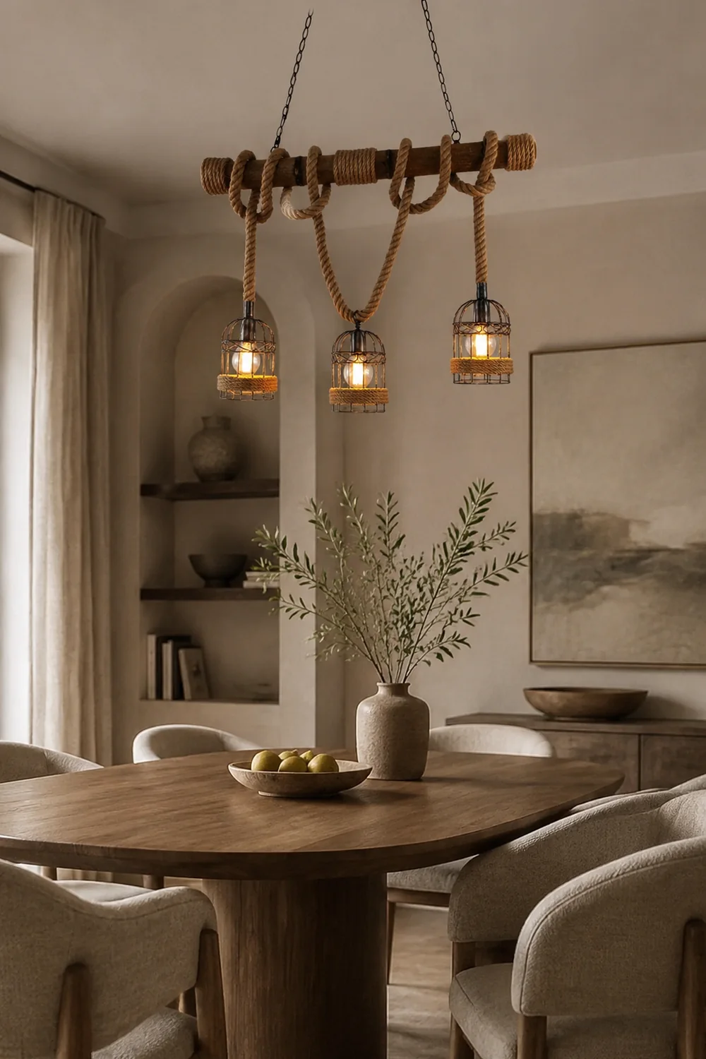 Alessio Vintage Wood Pendant Light, 3 Heads, Hemp rope&Metal - Lumpaz