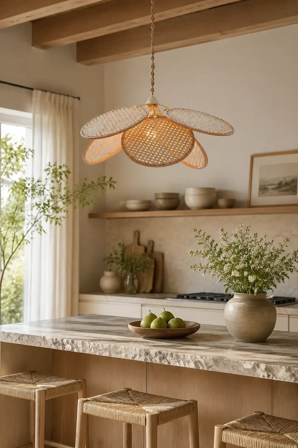 Ritta French Country Rattan Weave Creative Fan Pendant Light, Wooden - Lumpaz