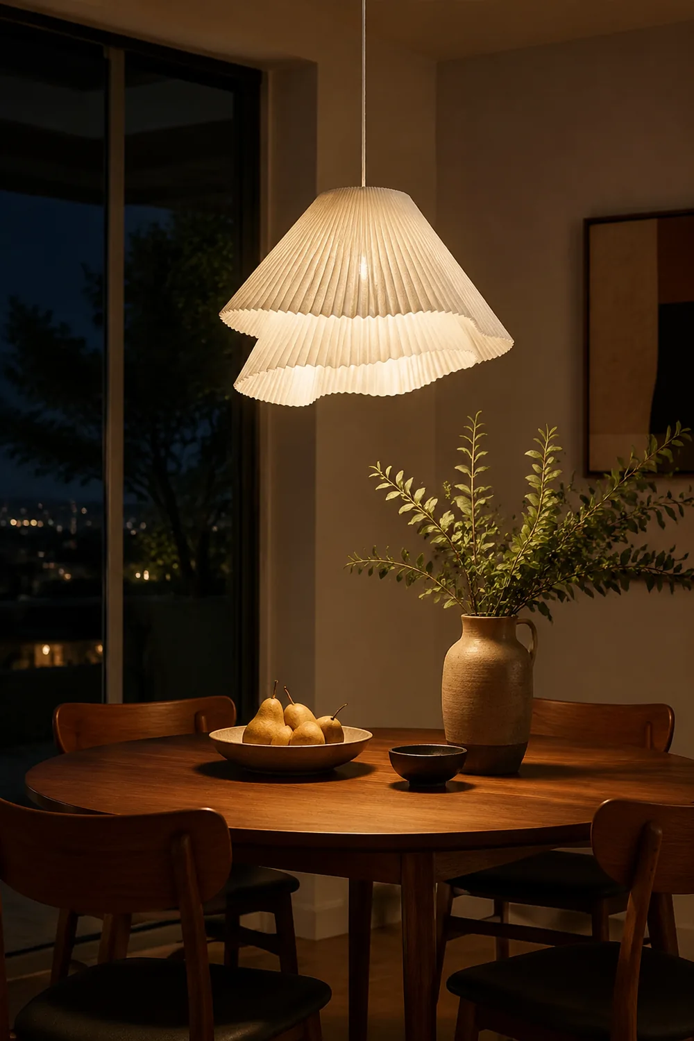 Renée Pendant Light Pleated Artificial Art Deco, Fabric, White, Bedroom - Lumpaz