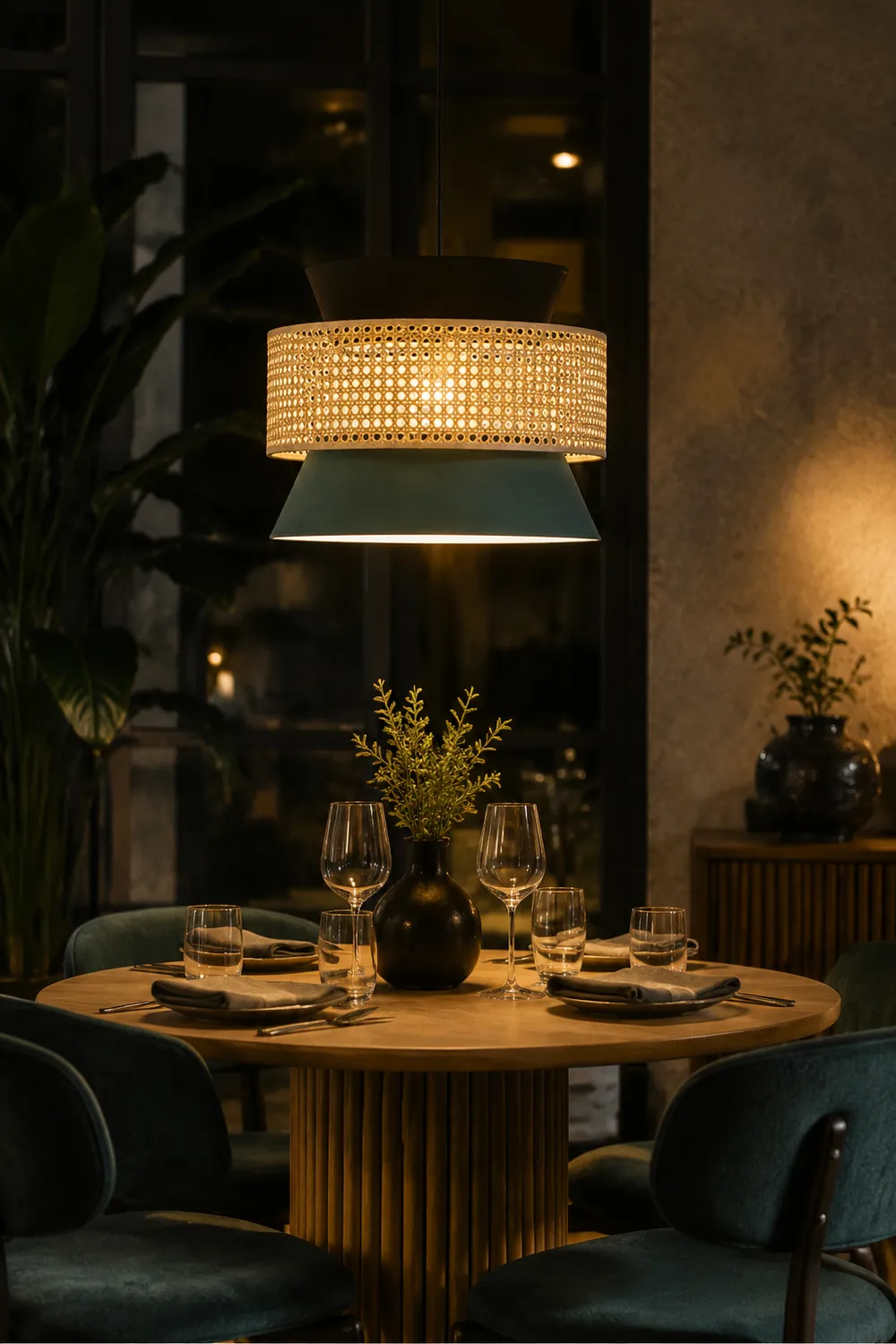 Ritta Retro Rattan/Fabbric Pendant Light, Dark Green - Lumpaz