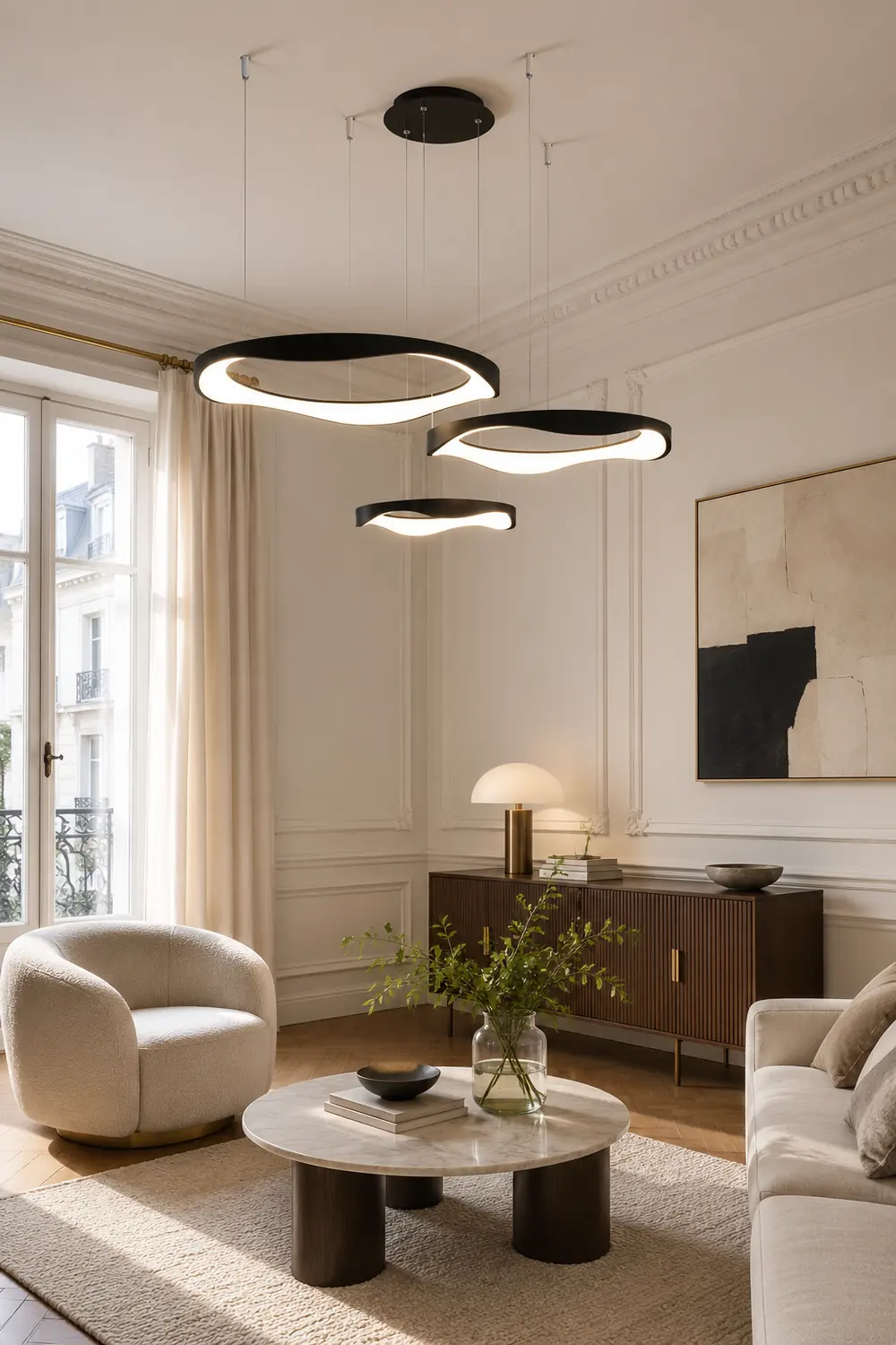 Arisha Pendant Light Rond Modern, Light Color Switchable, Black/White, Dining Room - Lumpaz