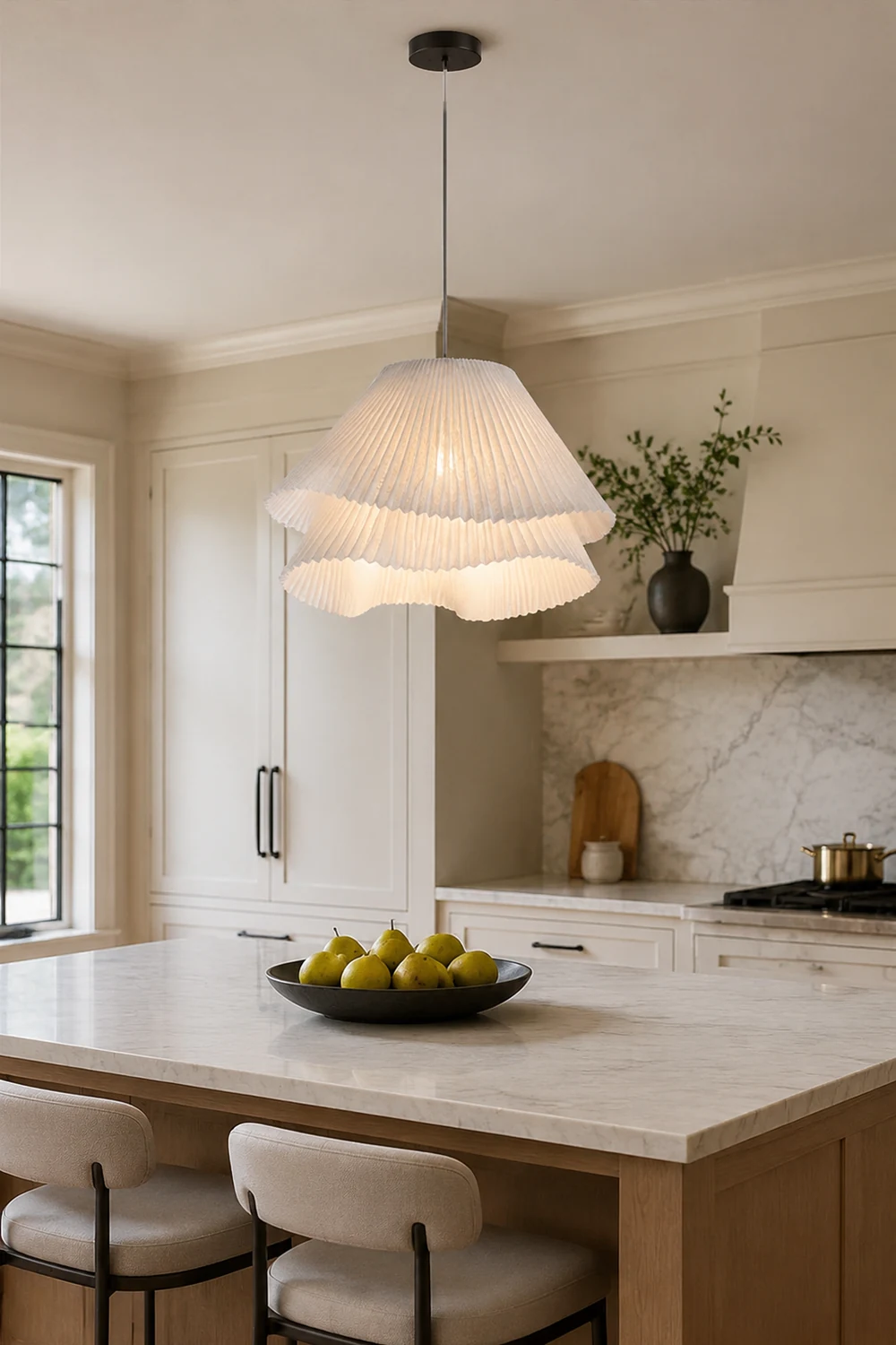 Renée Pendant Light Pleated Artificial Art Deco, Fabric, White, Bedroom - Lumpaz
