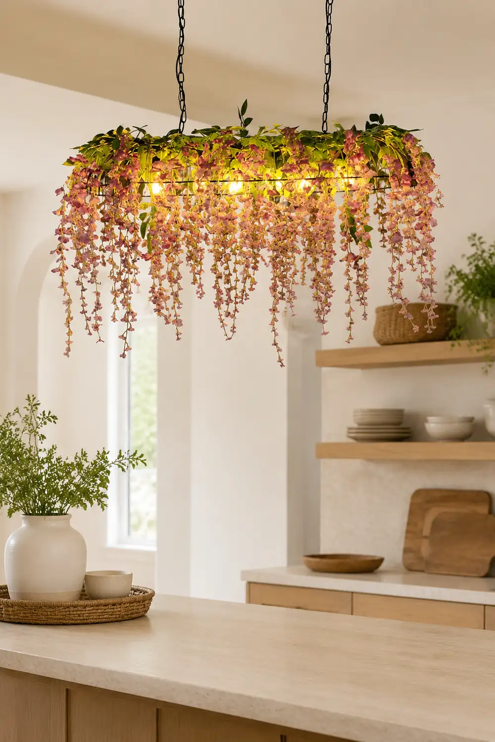 Nest Decorative Rectangular Flower Metal Pendant Light, Pink/Green - Lumpaz
