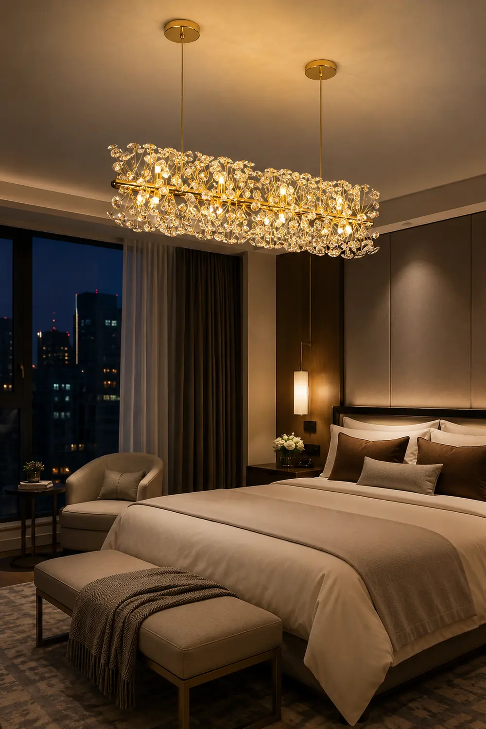 Lili Luxury Lineal/Flower Chandelier, Gold, Metal/Crystal - Lumpaz