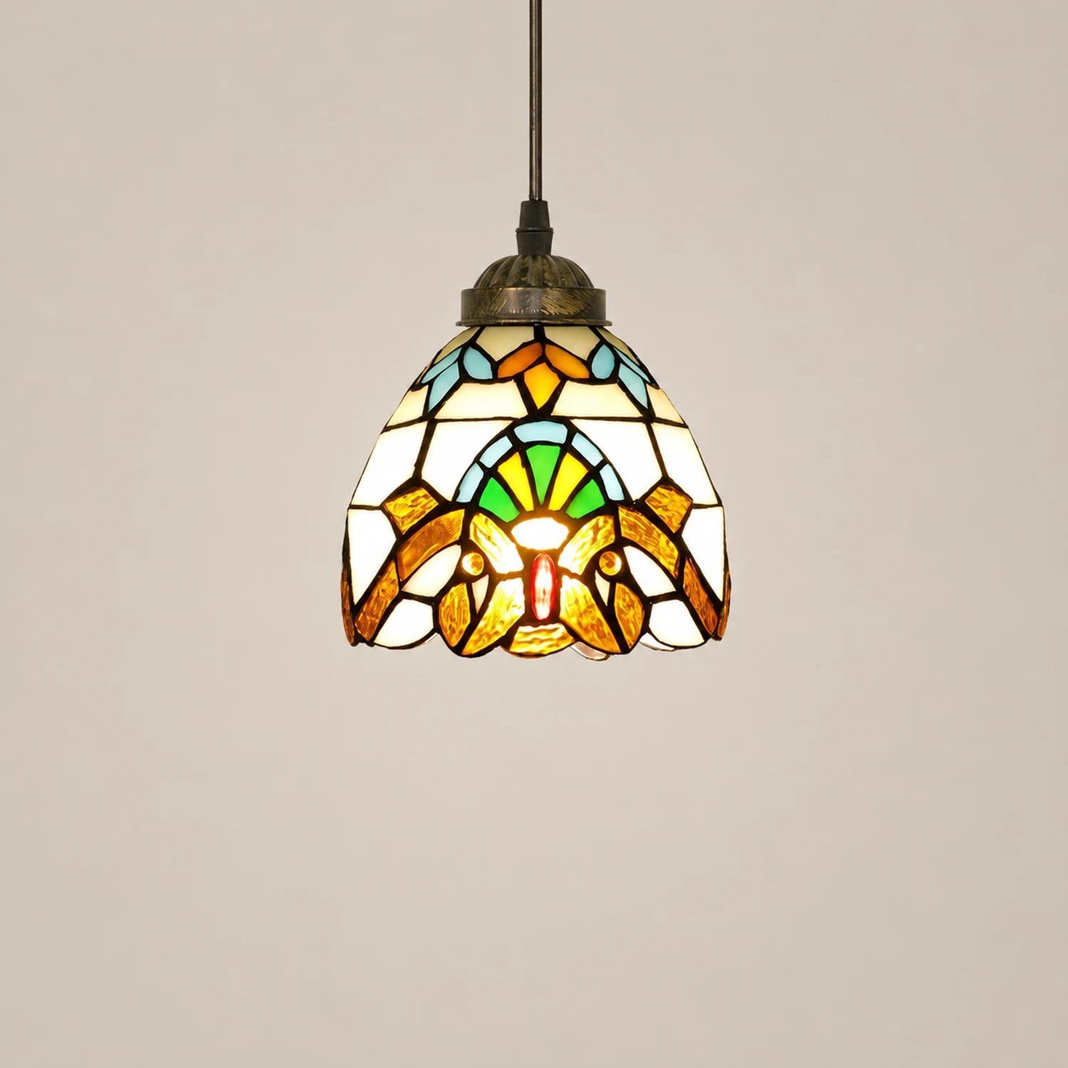 Alessio Tiffany Multicolor Bell Pendant Light, Yellow/Beige/Brown/Khaki/Blue/Purple - Lumpaz