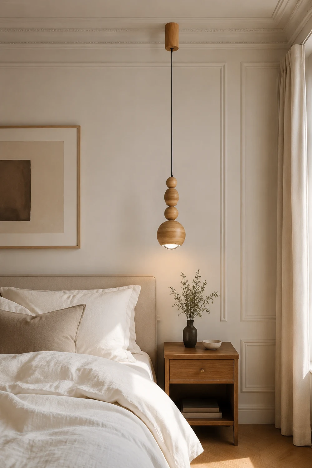 Muto Vintage LED Pendant Globe Light White Metal Wood Bedroom - Lumpaz