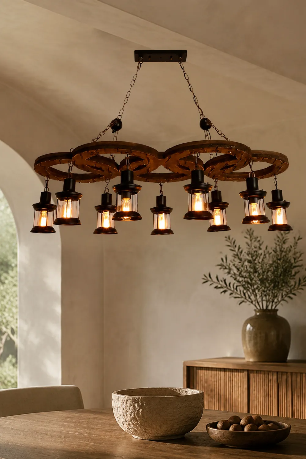 Austin Vintage 5 Ring Metal/Wood Pendant Light, Walnut - Lumpaz