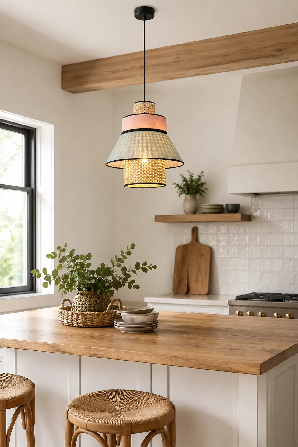 Ritta Farmhouse Fabric/Rattan Pendant Light, 2 Style - Lumpaz