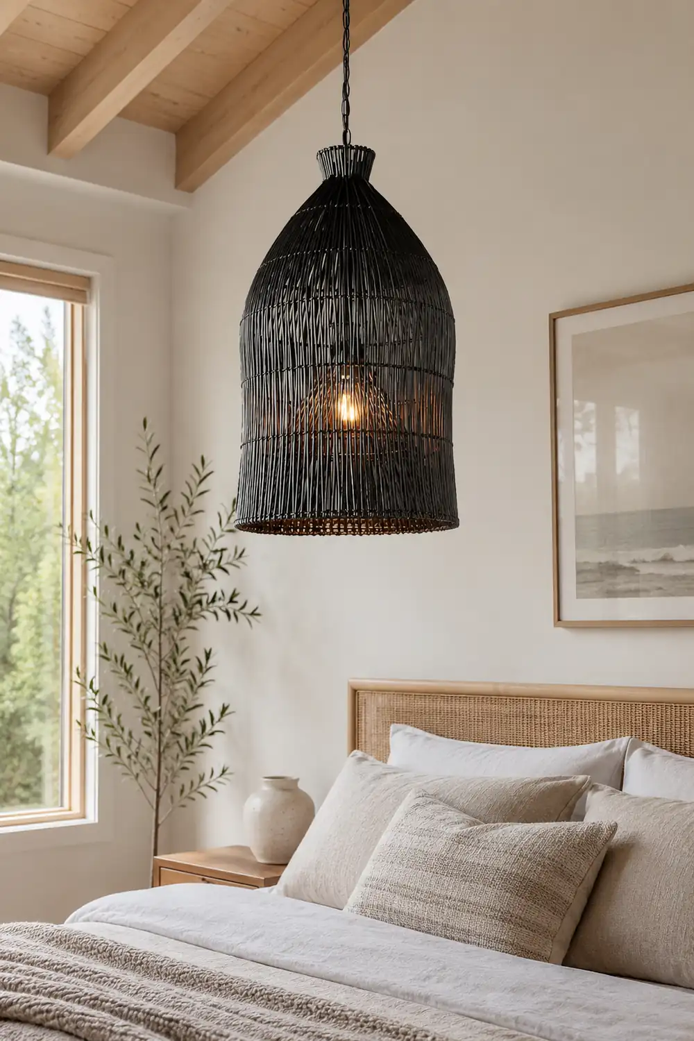Muto Design Birdcage LED Pendant Light Black/White Metal/Rattan Bedroom/Living Room - Lumpaz