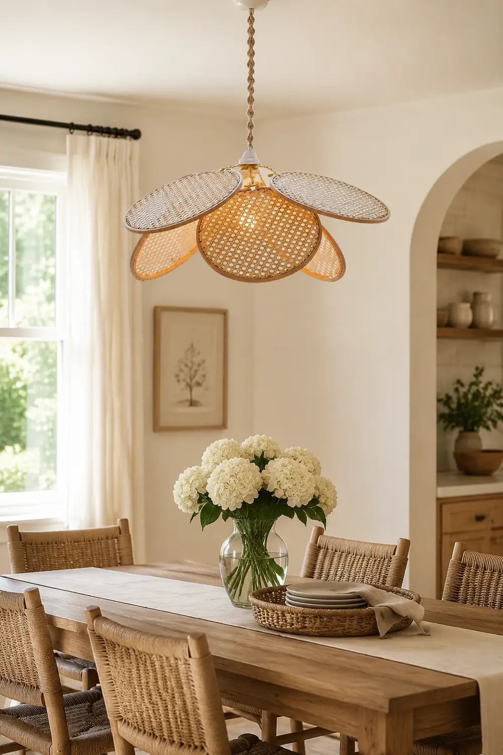 Ritta French Country Rattan Weave Creative Fan Pendant Light, Wooden - Lumpaz