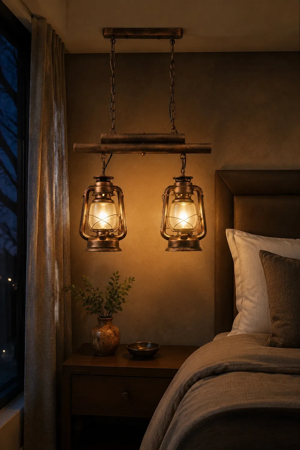 Alessio Rustic Vintage Lantern Pendant Light, Metal & Glass, 2 Heads - Lumpaz