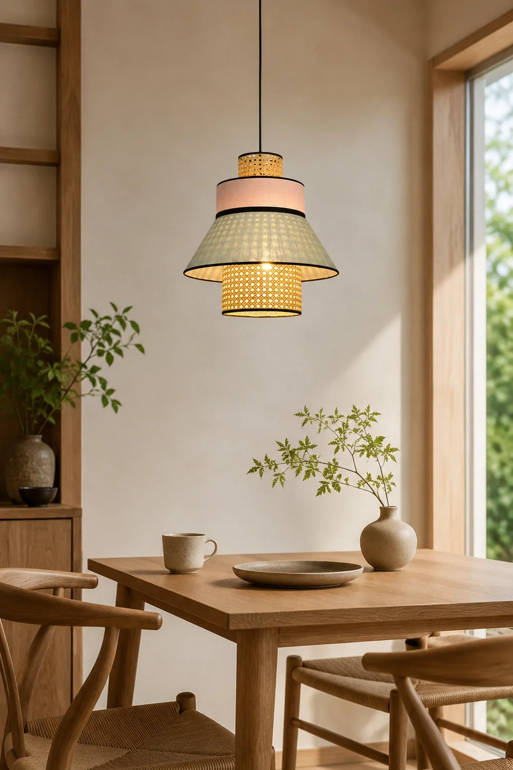Ritta Farmhouse Fabric/Rattan Pendant Light, 2 Style - Lumpaz