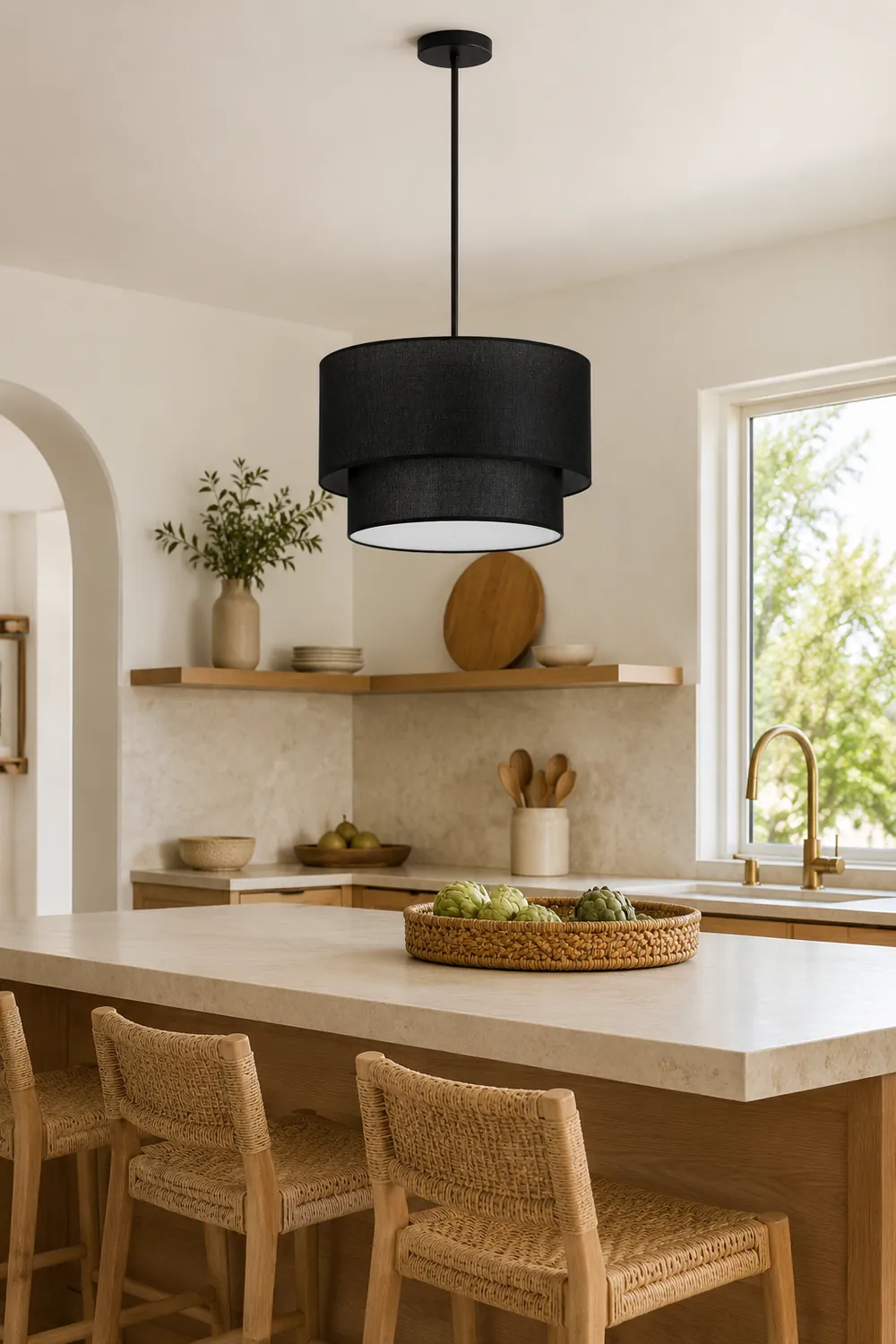 Renée Modern Dual Drum Fabric Pendant Light, Black/White/Flaxen - Lumpaz