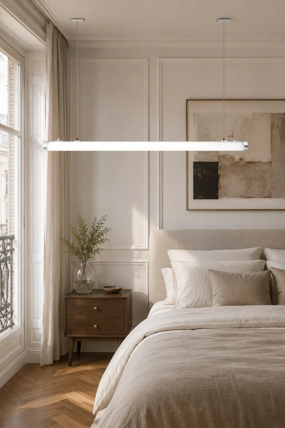 Minimalist Tube Glass/Metal Pendant Light, White, Dining Room - Lumpaz