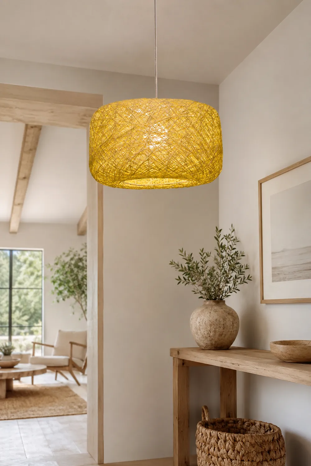 Natural Cylindrical Lantern Rattan Pendant Light, Hallway - Lumpaz