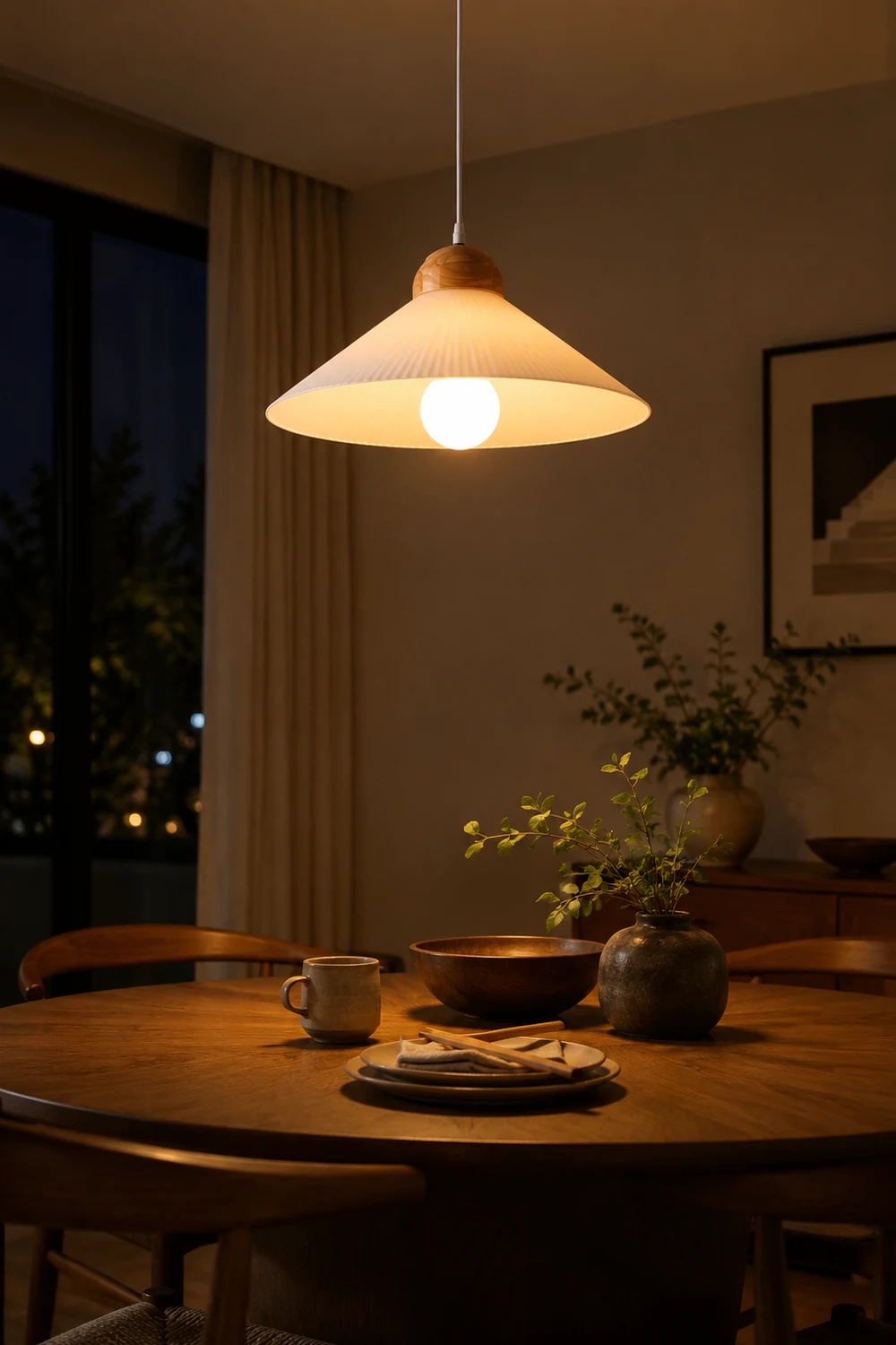 Ozawa Designer Pleated Brown Wood/Glass Pendant Light - Lumpaz