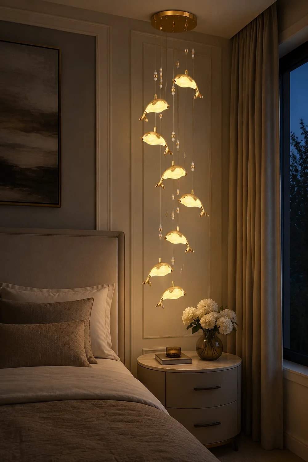 Jibril Modern Dolphin Metal Pendant Light, Gold, Metal/Acrylic - Lumpaz