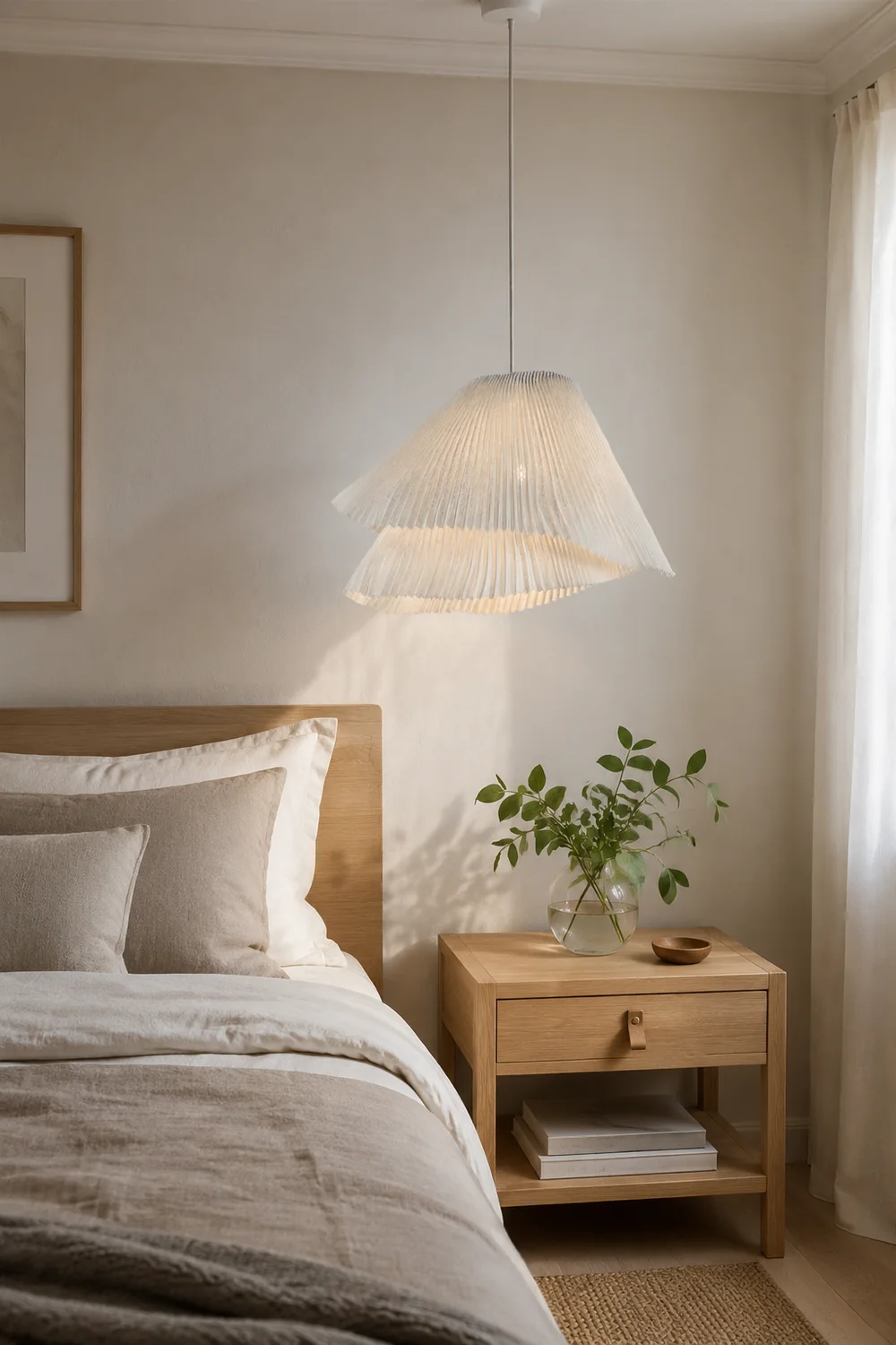 Renée Pendant Light Pleated Artificial Art Deco, Fabric, White, Bedroom - Lumpaz