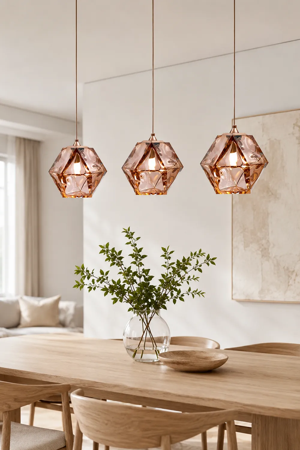 Hailie Modern Glass Multi Polygonal Pendant Light, White/Smoke Gray/Rose Gold - Lumpaz