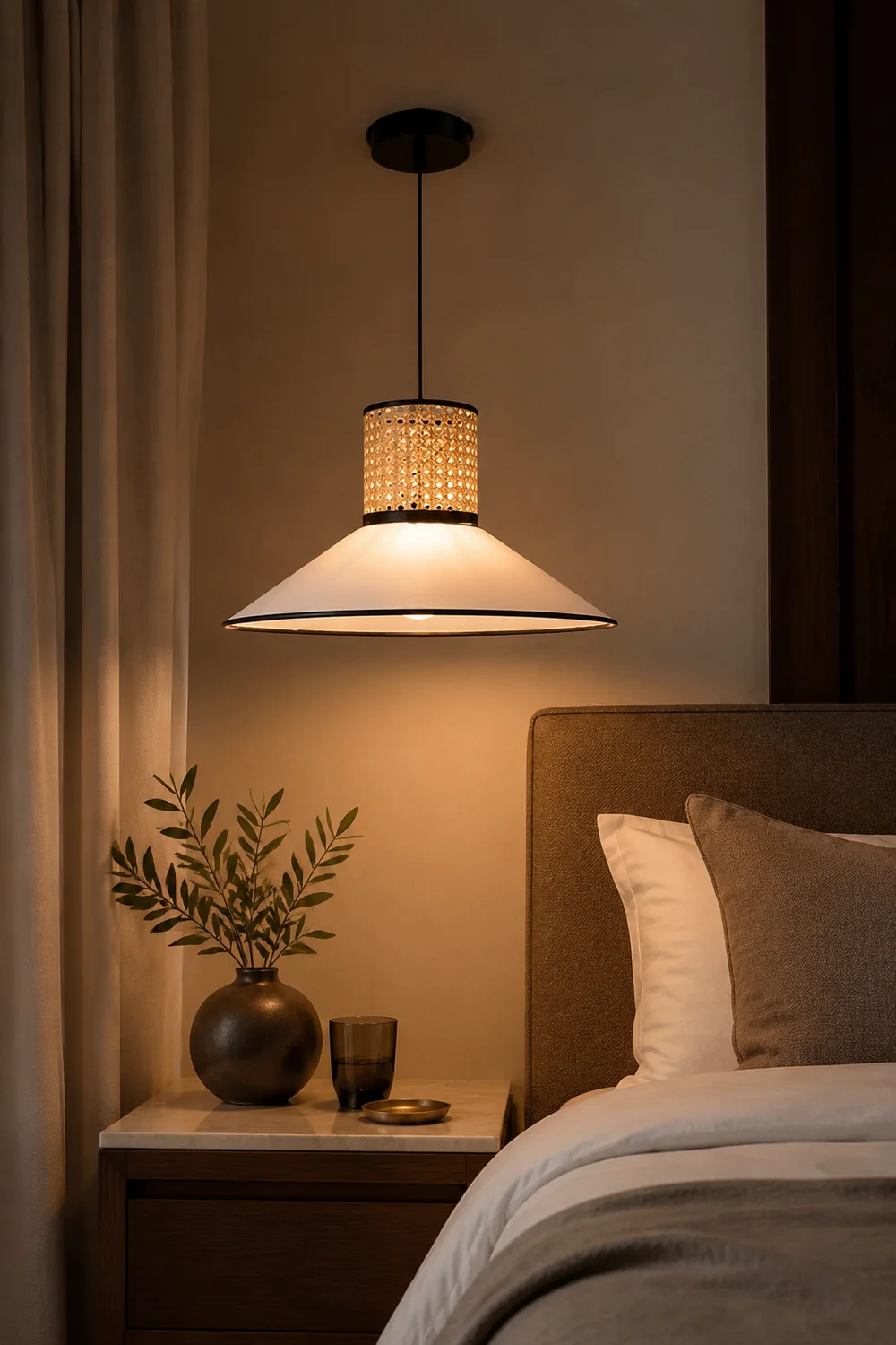 Ritta Modern Rattan/FabricPendant Light, White - Lumpaz
