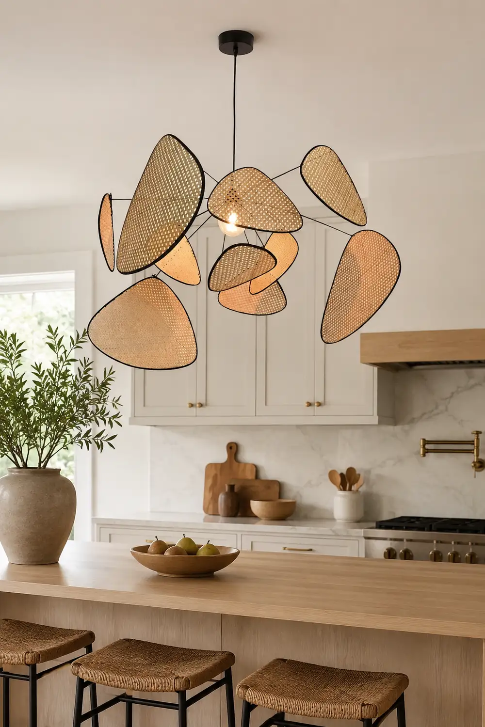 Ritta Pendant Light Leaf Grid, Rattan/Metal, Bedroom - Lumpaz