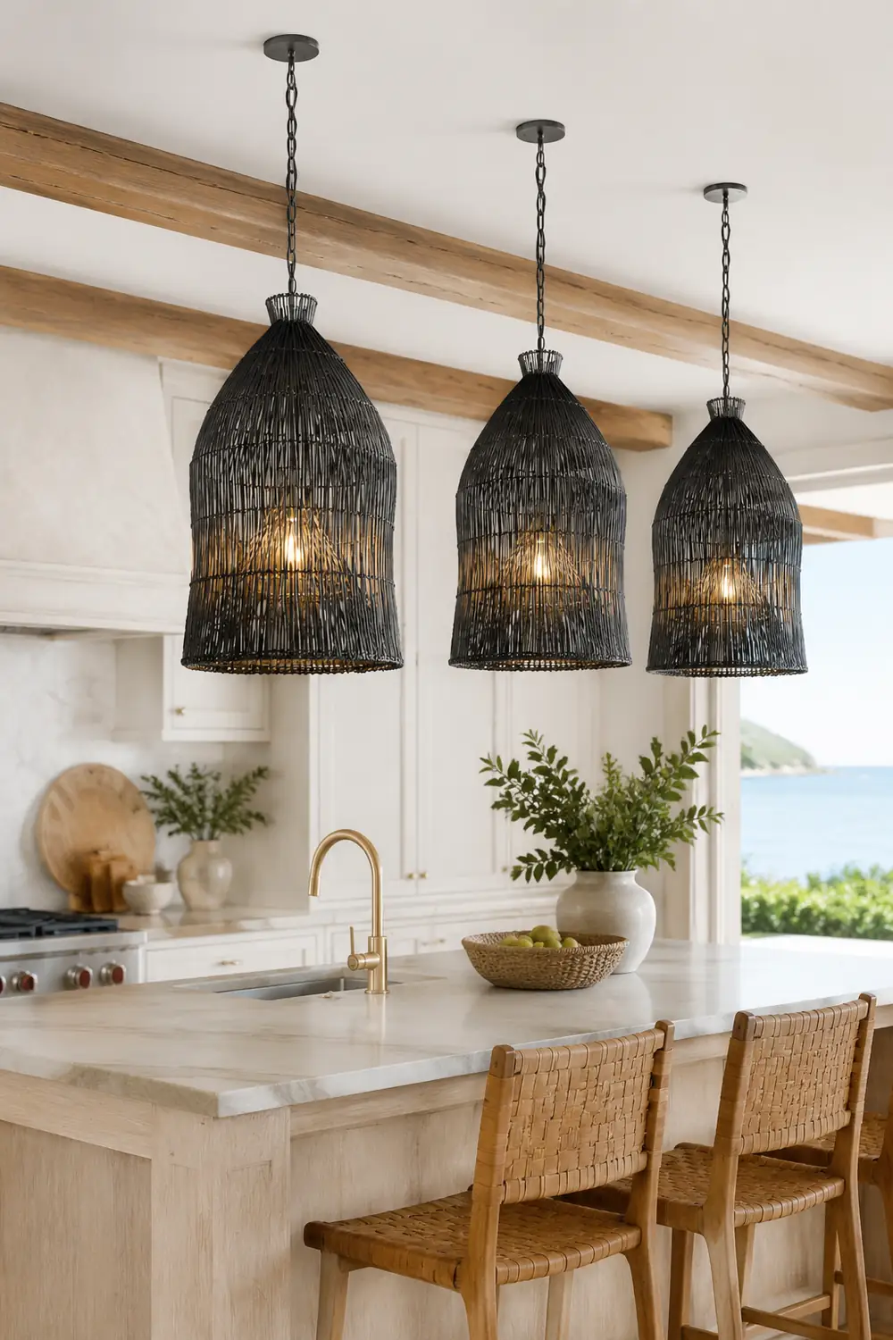 Muto Design Birdcage LED Pendant Light Black/White Metal/Rattan Bedroom/Living Room - Lumpaz