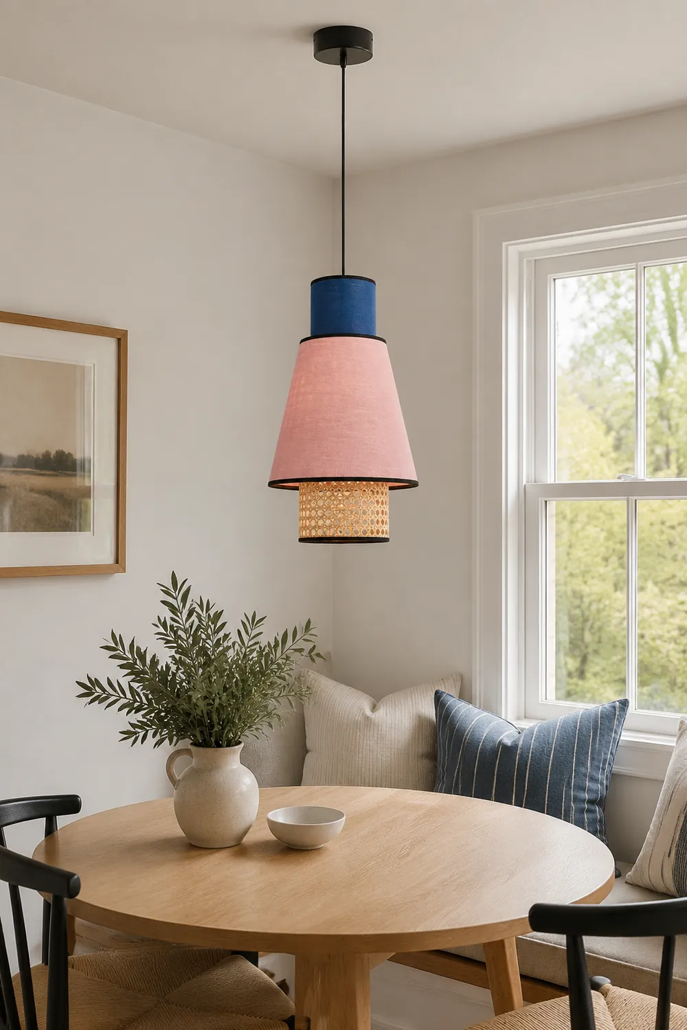 Ritta Cylindrical Fabric/Rattan Pendant Light, Pink/Royal Blue - Lumpaz