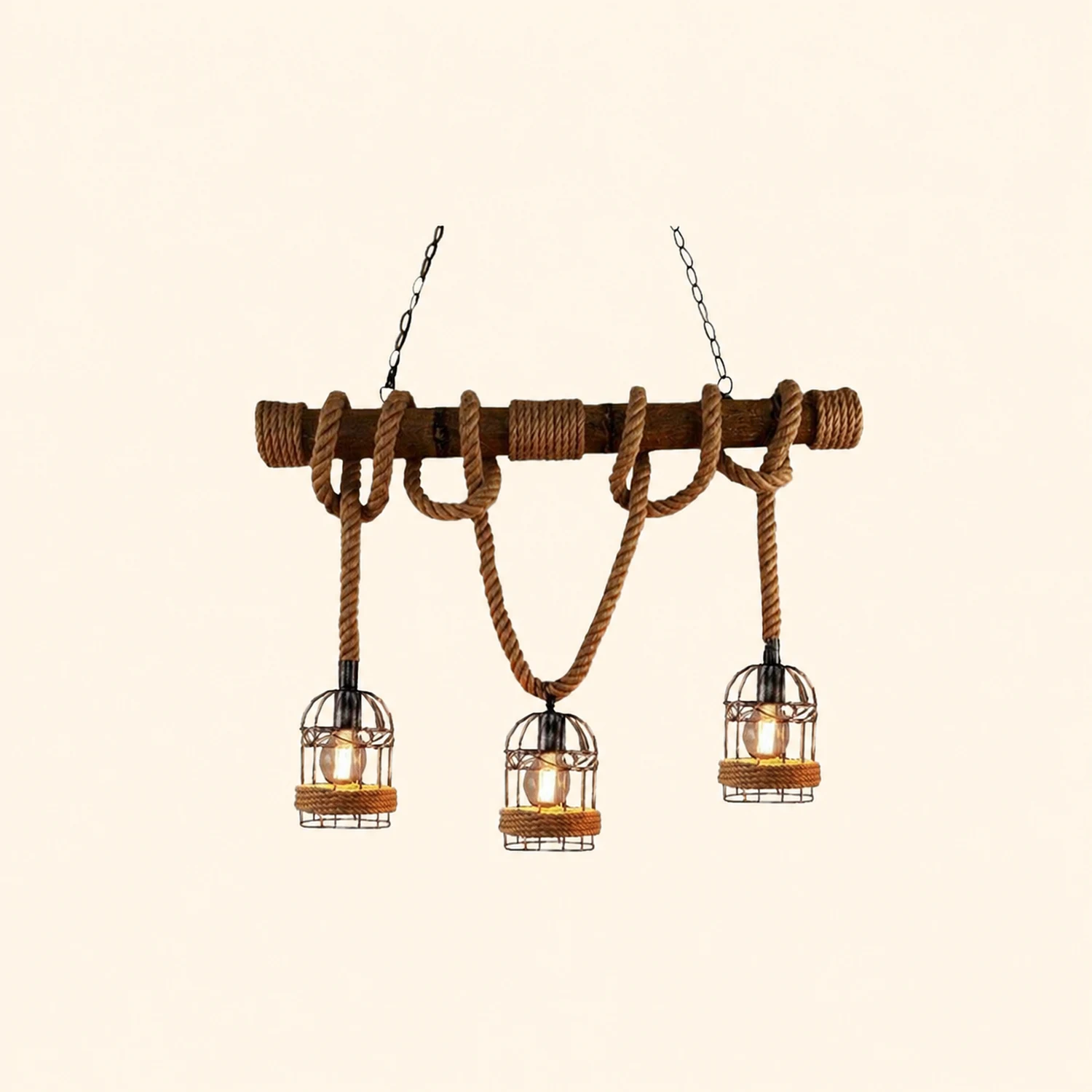 Alessio Vintage Wood Pendant Light, 3 Heads, Hemp rope&Metal - Lumpaz