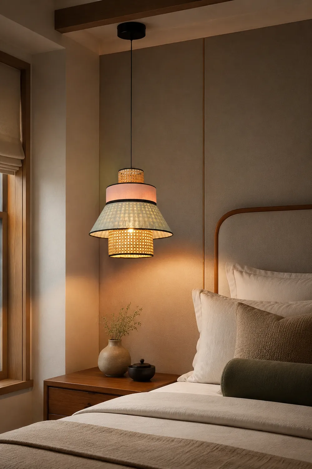 Ritta Farmhouse Fabric/Rattan Pendant Light, 2 Style - Lumpaz