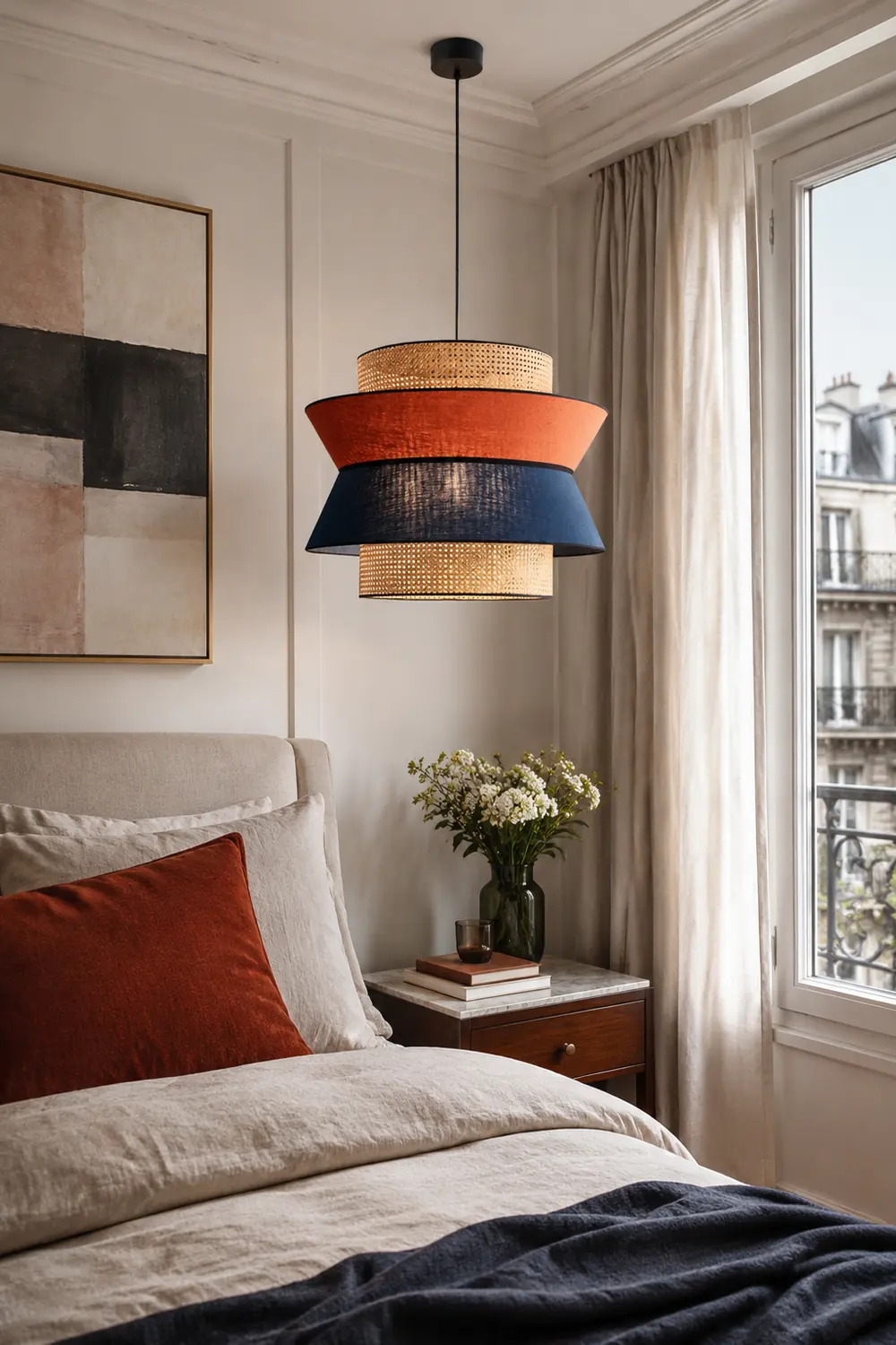 Ritta Fabric and Rattan Pendant Light, Orange/Dark Blue - Lumpaz