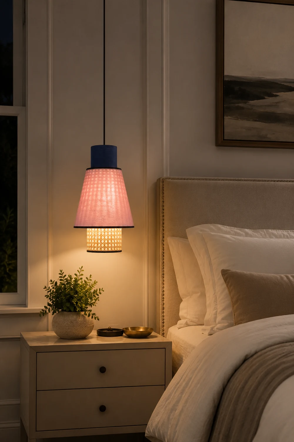 Ritta Cylindrical Fabric/Rattan Pendant Light, Pink/Royal Blue - Lumpaz