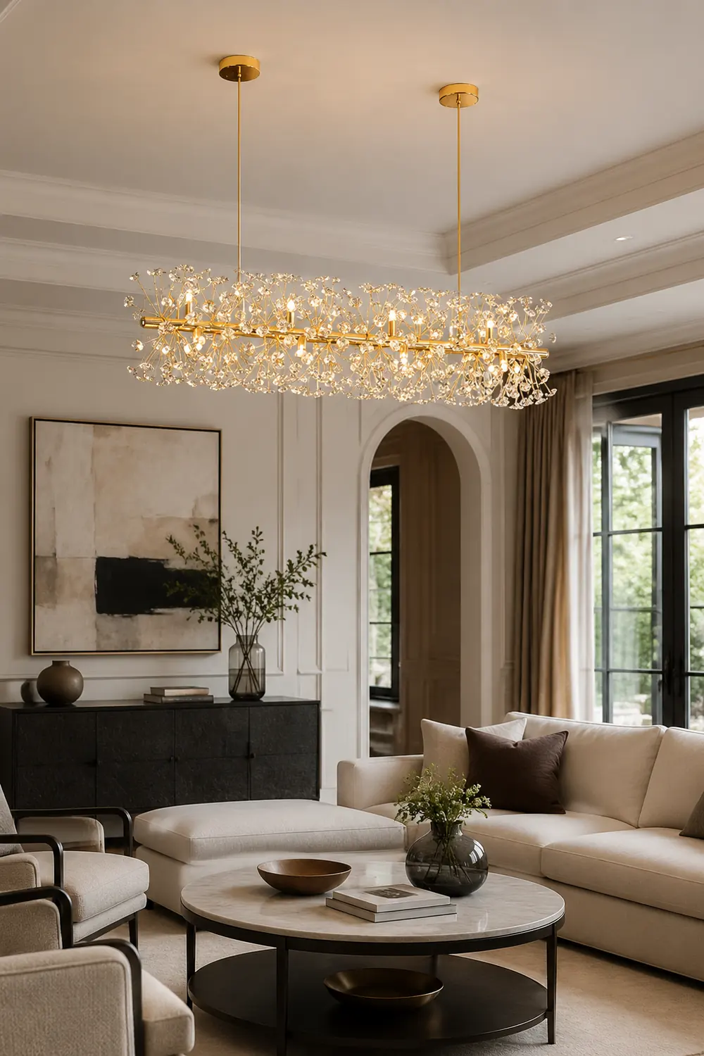Lili Luxury Lineal/Flower Chandelier, Gold, Metal/Crystal - Lumpaz