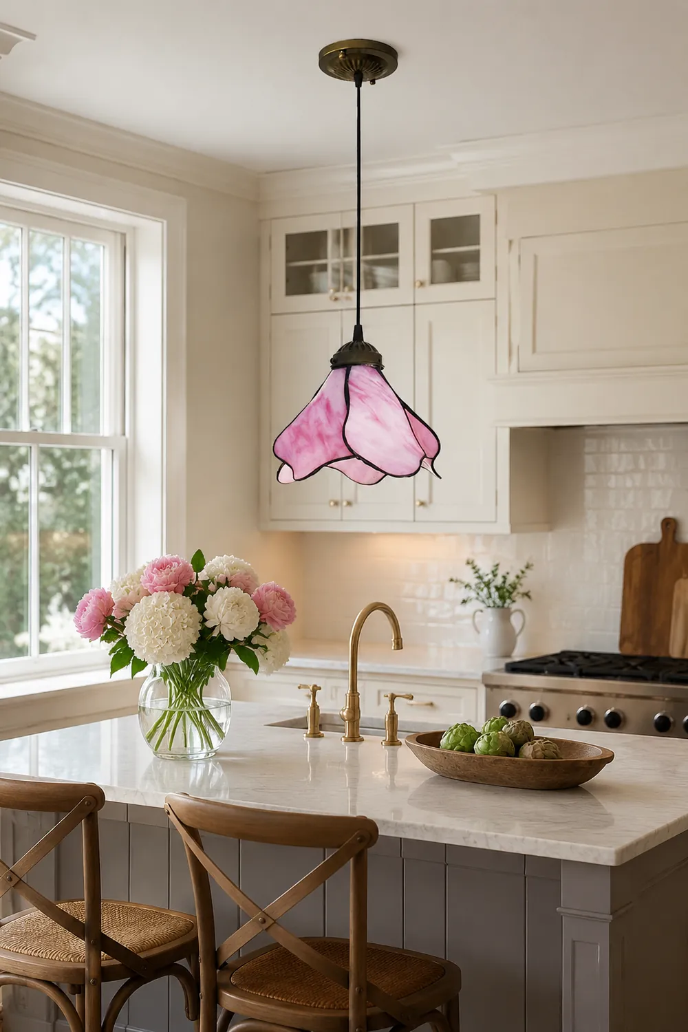 Félicie Flower Stained Glass Pendant Light, Blue/Pink, 1/3 Heads - Lumpaz