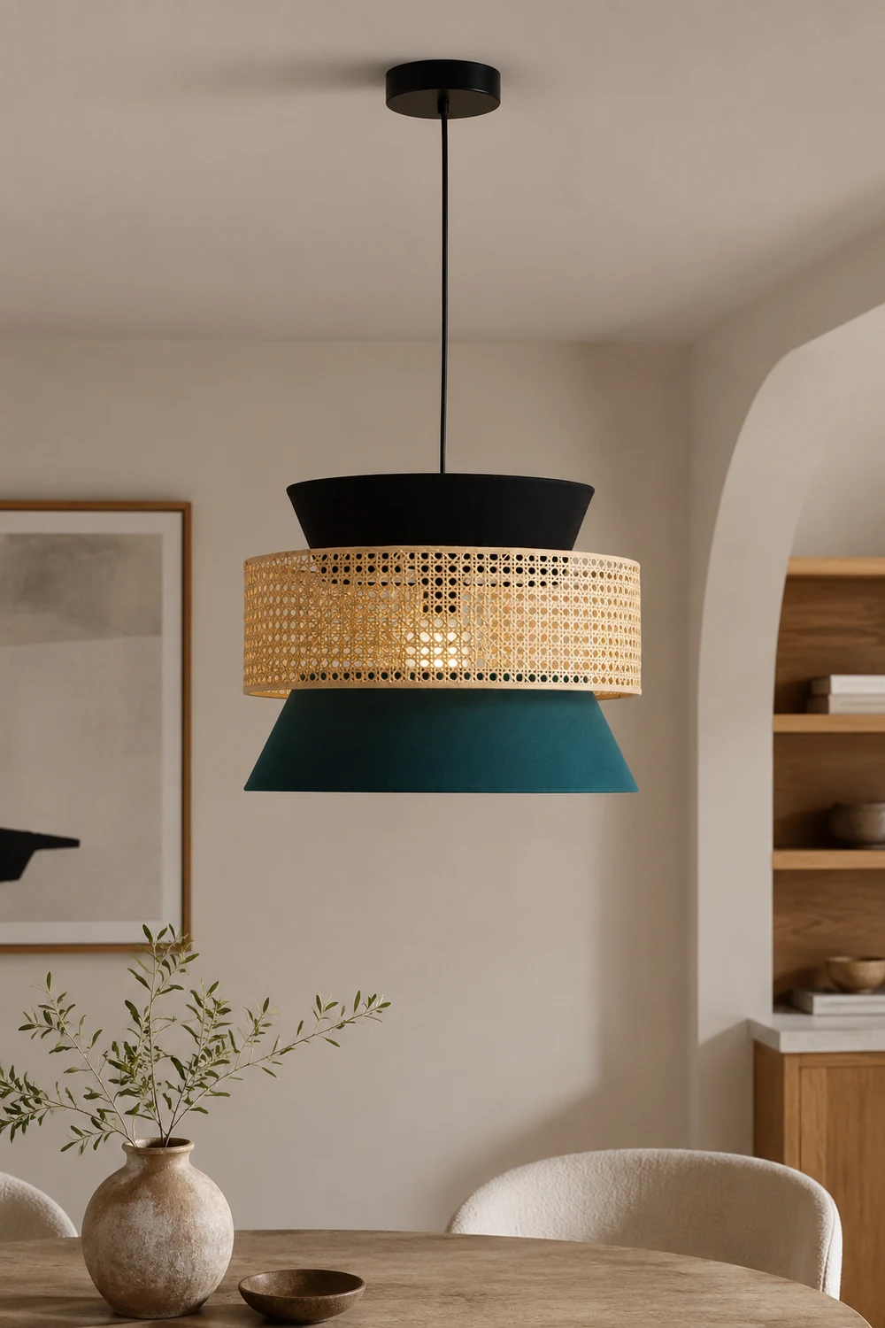 Ritta Retro Rattan/Fabbric Pendant Light, Dark Green - Lumpaz