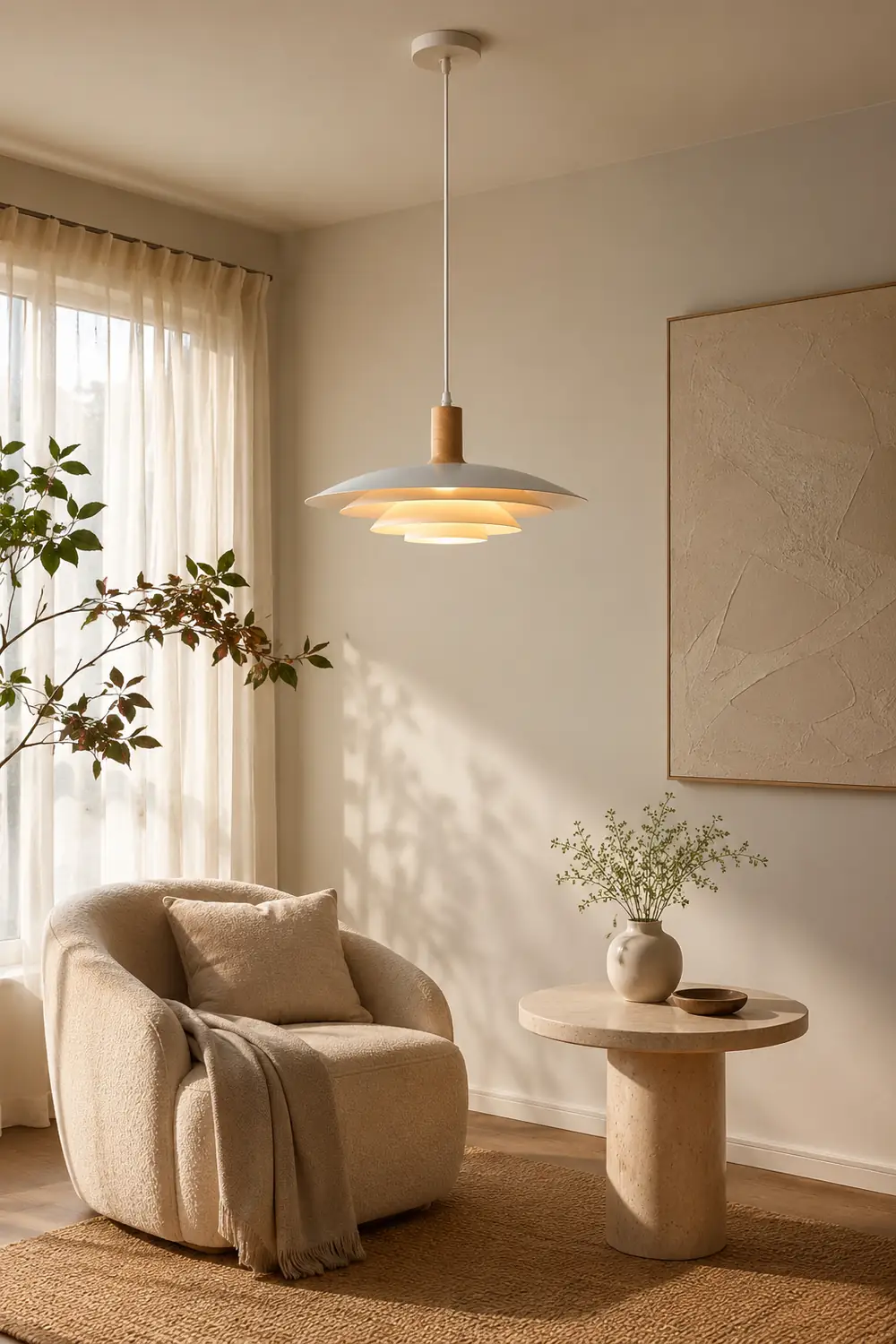 Morandi Modern LED Pendant Light White/Wood Metal Bedroom/Living Room - Lumpaz