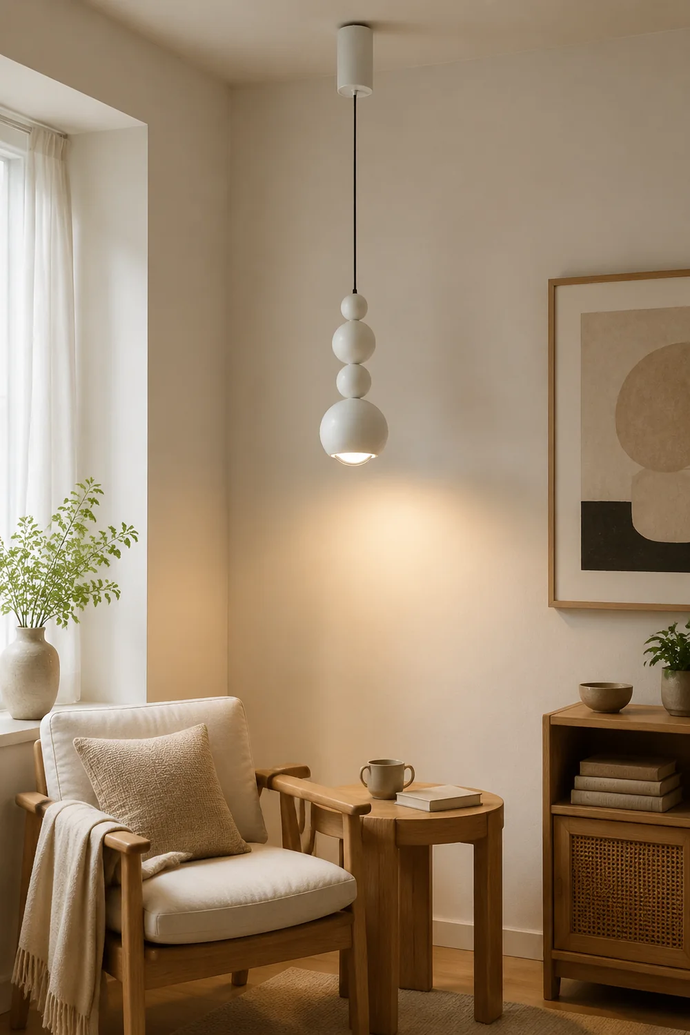 Muto Vintage LED Pendant Globe Light White Metal Wood Bedroom - Lumpaz
