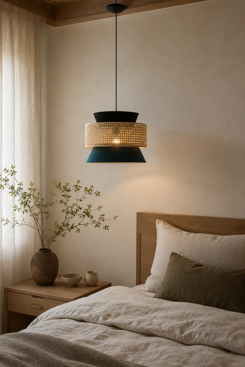 Ritta Retro Rattan/Fabbric Pendant Light, Dark Green - Lumpaz