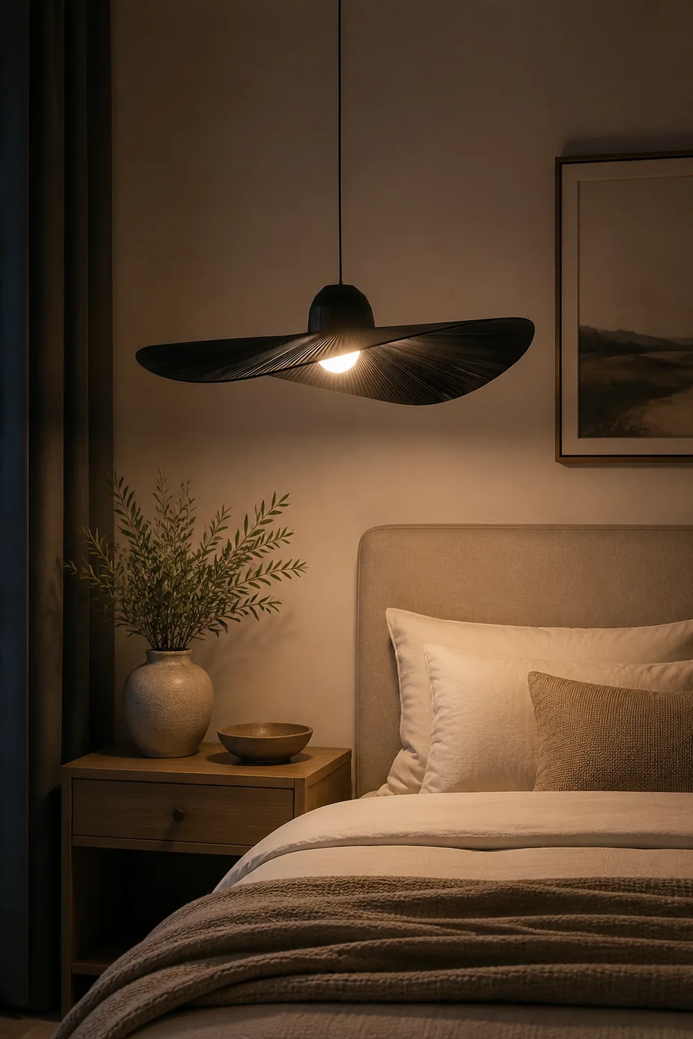 Renée Modern Woven Wide-Brimmed Hat Shape Metal/Fabric Pendant Light, Black/White - Lumpaz