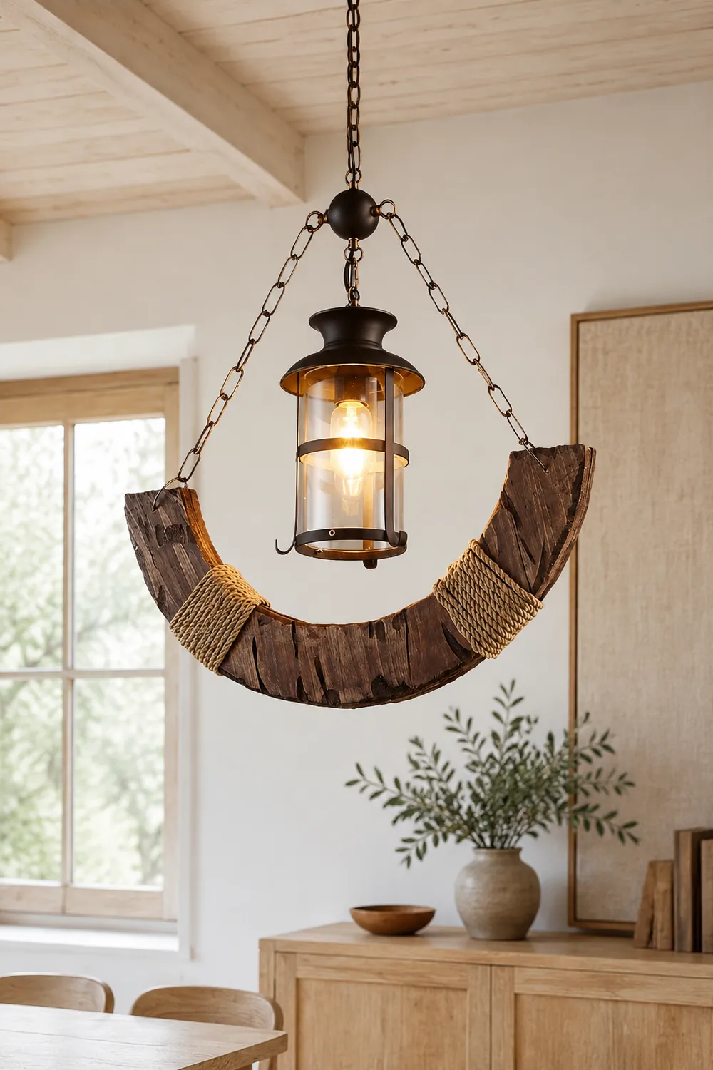 Austin Retro Rustic Arc Metal/Wood Lantern Glass Pendant Light - Lumpaz