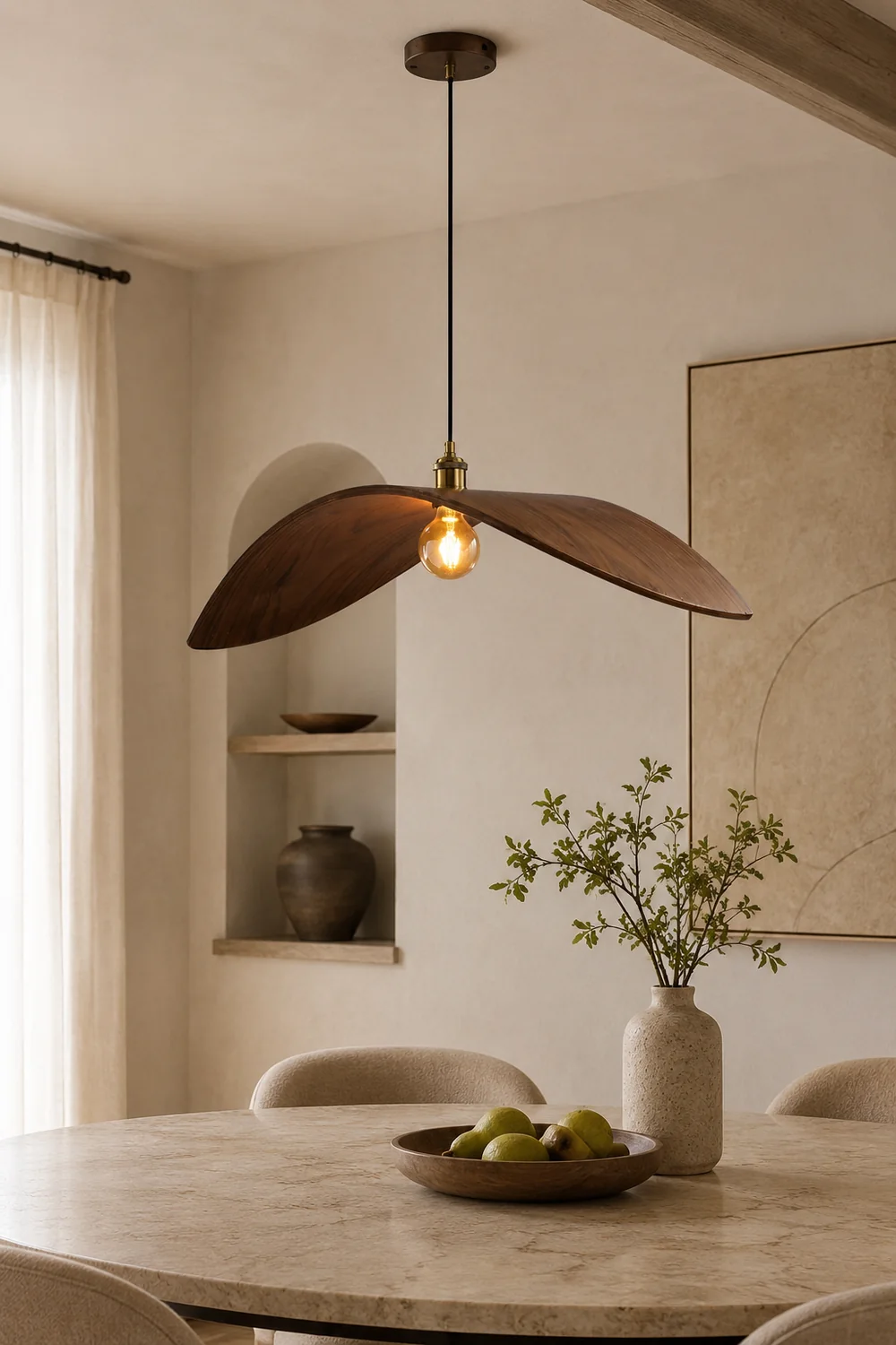 Ozawa Curved Art Pendant Light, Metal & Wood - Lumpaz