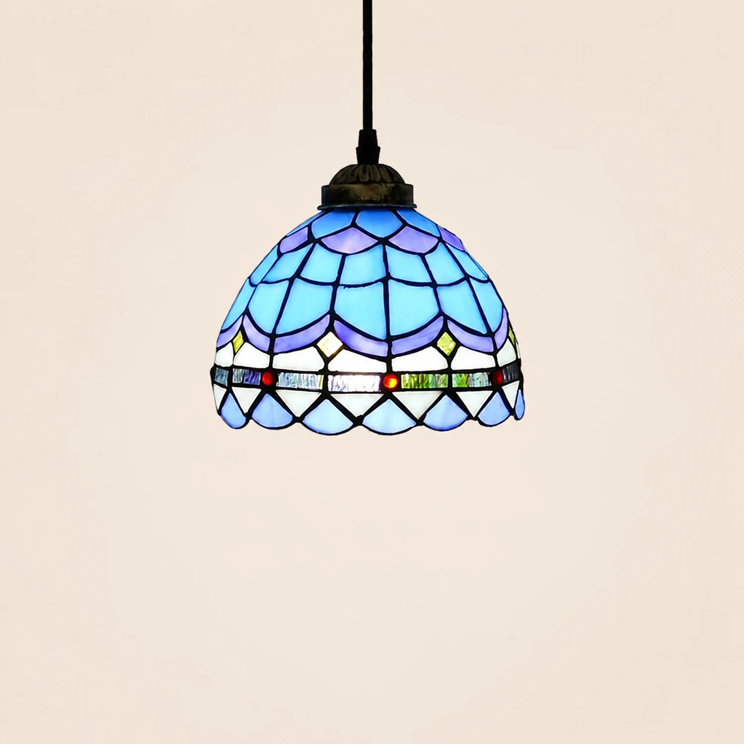Alessio Tiffany Multicolor Bell Pendant Light, Yellow/Beige/Brown/Khaki/Blue/Purple - Lumpaz