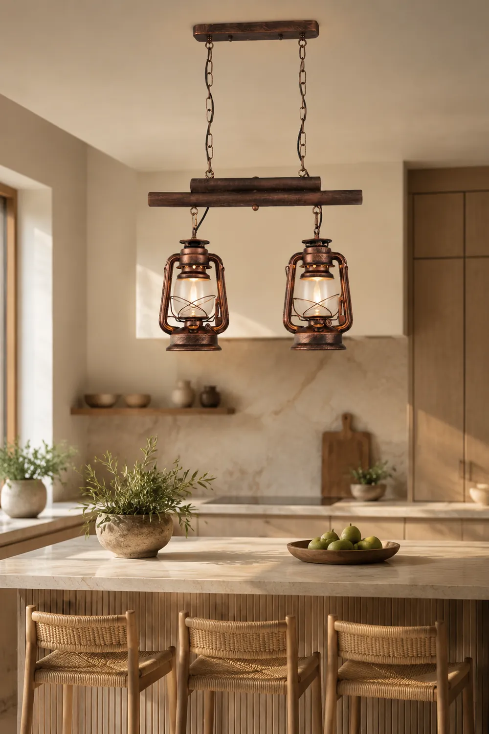 Alessio Rustic Vintage Lantern Pendant Light, Metal & Glass, 2 Heads - Lumpaz